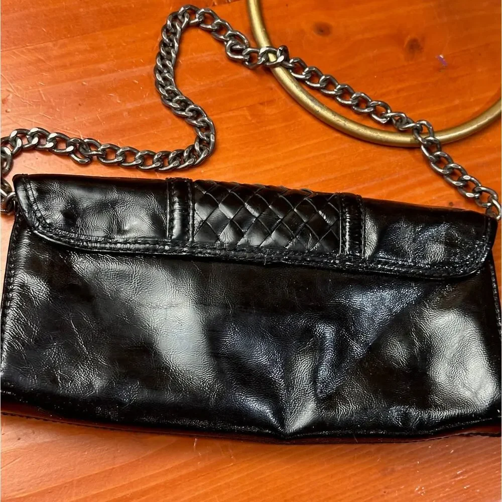 Elliott Lucca Black Patent Leather Clutch with Chain Strap